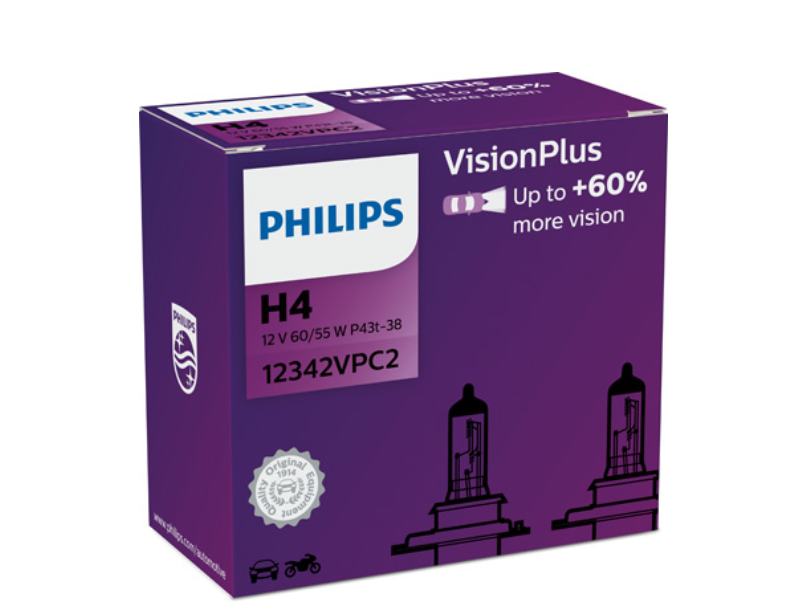 Крушка H4 PHILIPS 12V, 60/55W, тип фасунга: P43T, серия: VisionPlus Plus 60%
