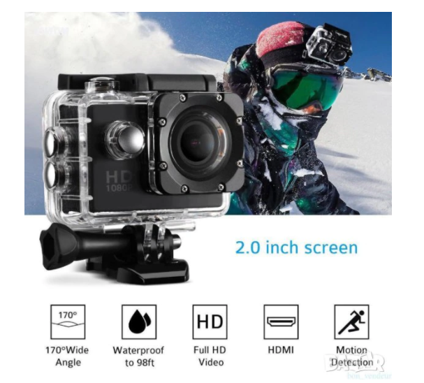 Спортна Екшън камера GoPlus, модел SP1080p, Водоустойчива, HD, Памет карта 32 GB, Включени аксесоари, Пълен комплект, Черен